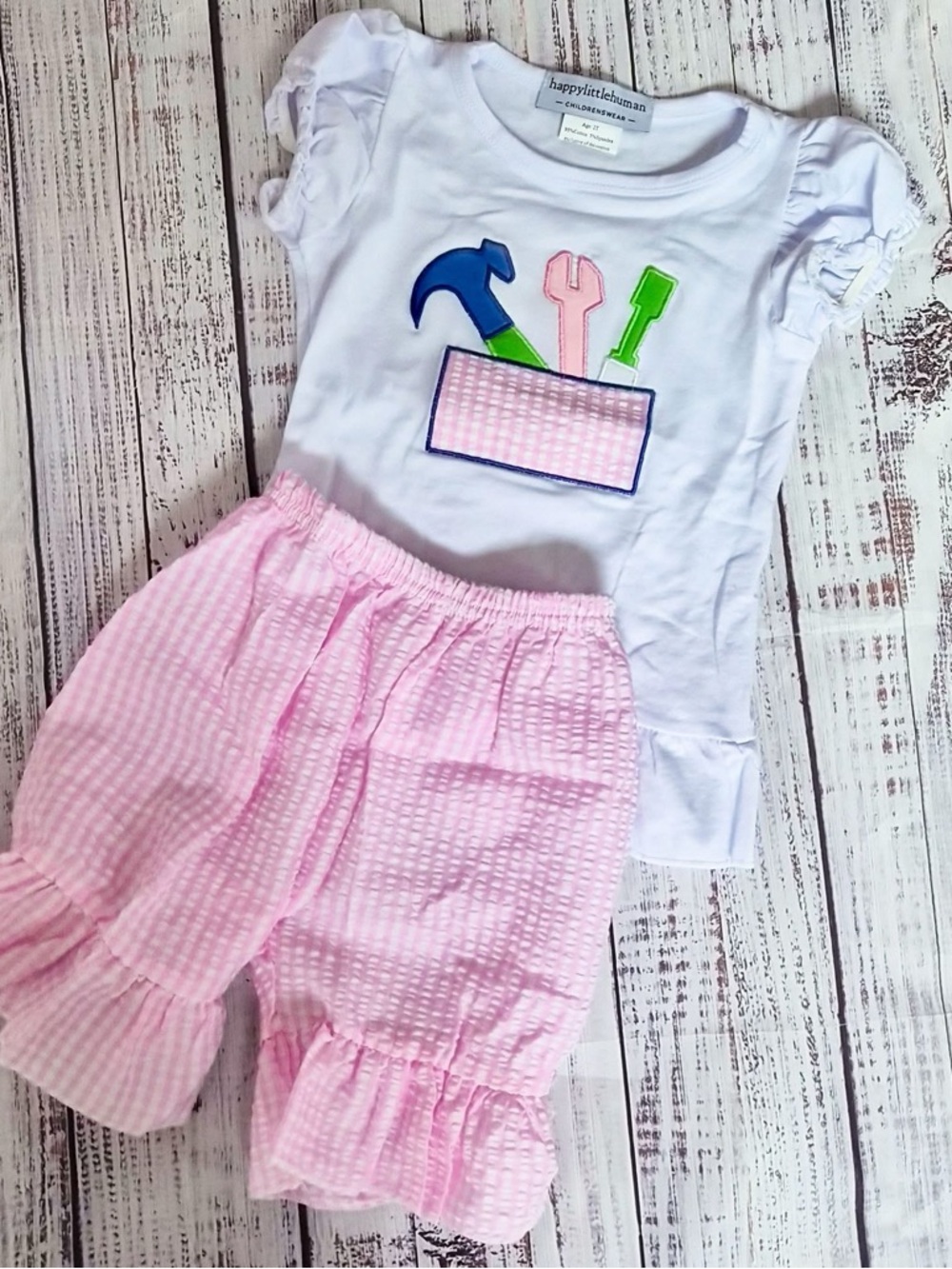 White Tool Applique Top with Pink Seersucker Shorts